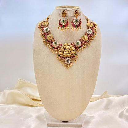 Gold Plated Lakshmi Temple Necklace Set with Ruby, Green Stones & Matching Earrings