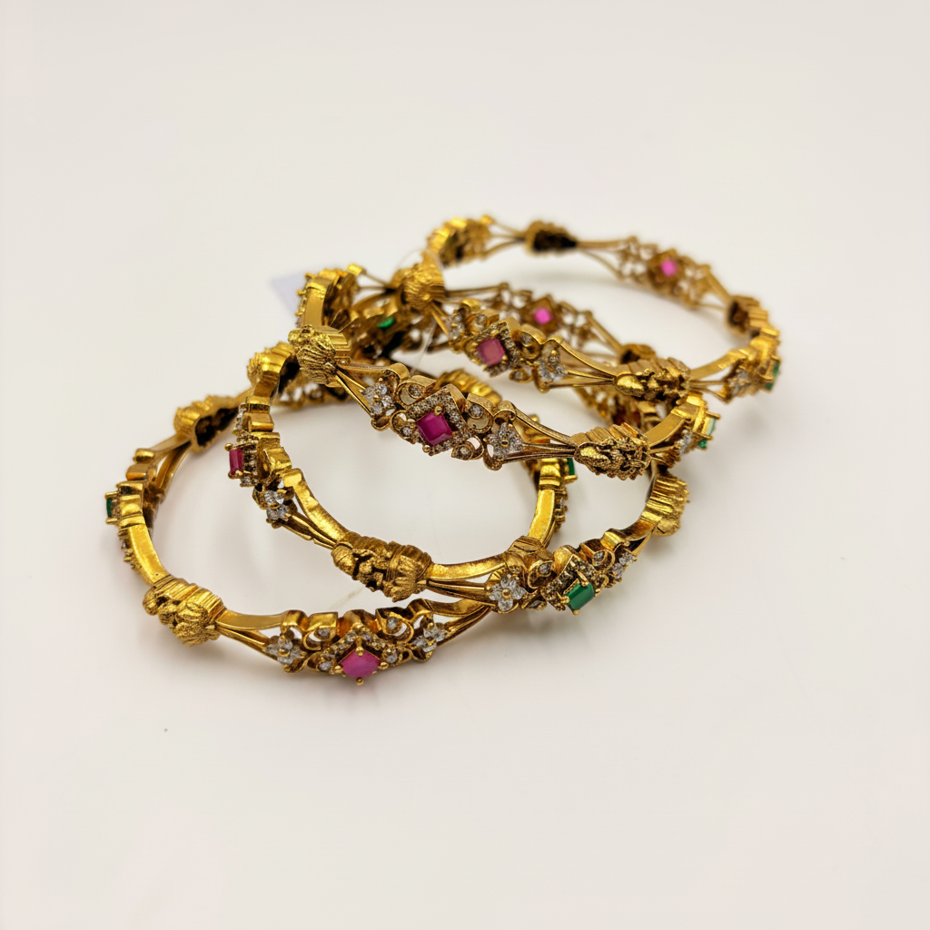 Antique Gold Multi-Stone Bangles with Ruby & Emerald Accents – Traditional CZ Bangle Set (Set of 4)