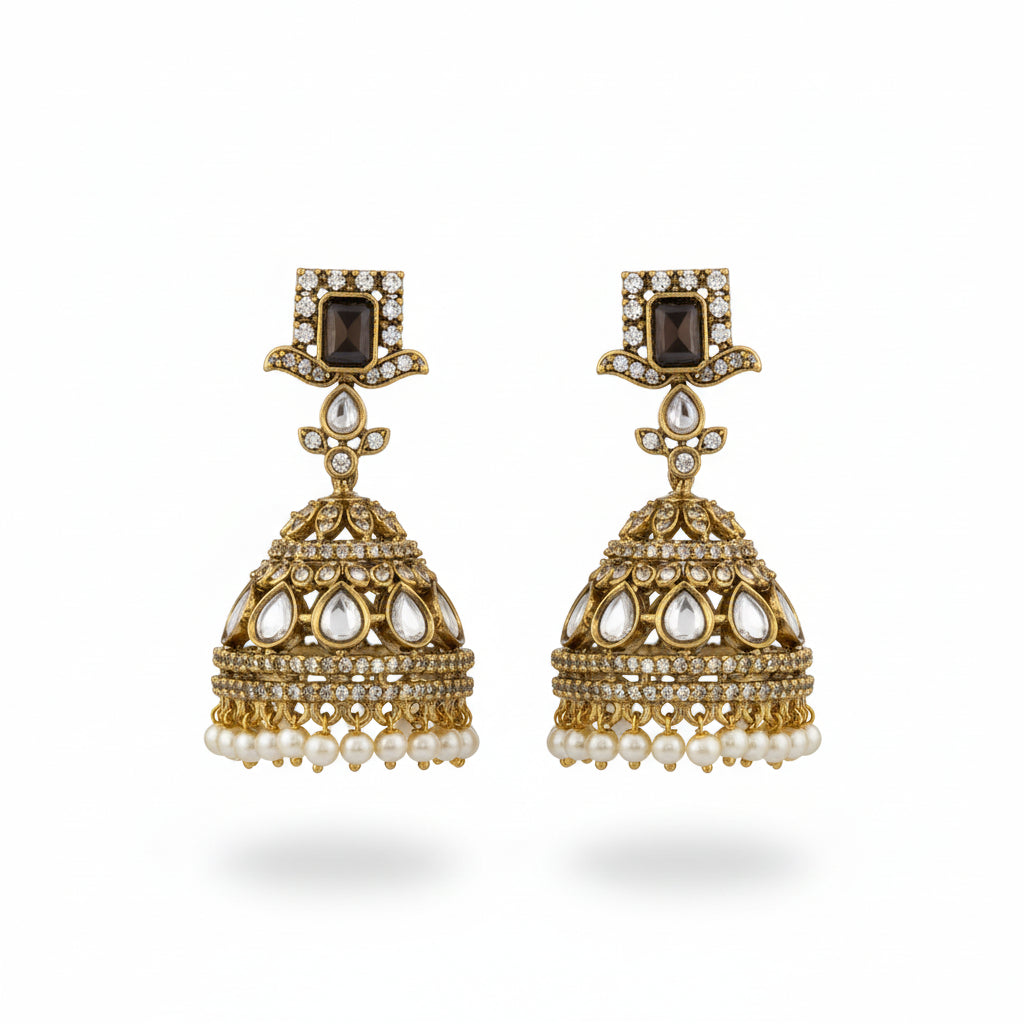 Antique Gold Kundan Jhumka Earrings with Pearl Drops – Bridal & Festive Jewellery