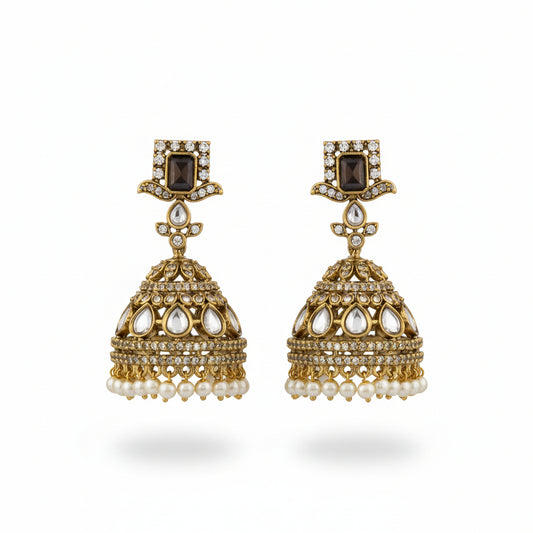 Antique Gold Kundan Jhumka Earrings with Pearl Drops – Bridal & Festive Jewellery
