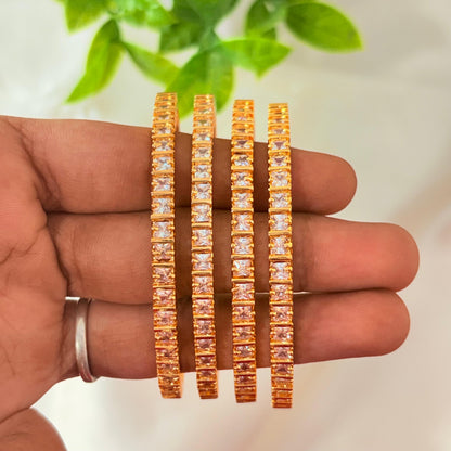 Gold-Plated Square CZ Stone Bangles – Elegant Party & Bridal Wear (Set of 4)
