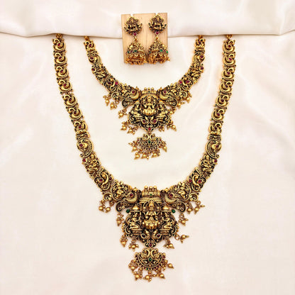 Grand Lakshmi Temple Jewellery Set – Antique Gold Bridal Choker, Long Haram & Jhumka Earrings