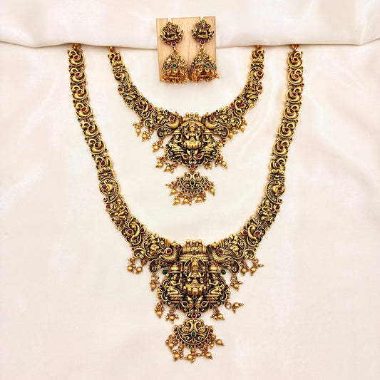 Grand Lakshmi Temple Jewellery Set – Antique Gold Bridal Choker, Long Haram & Jhumka Earrings