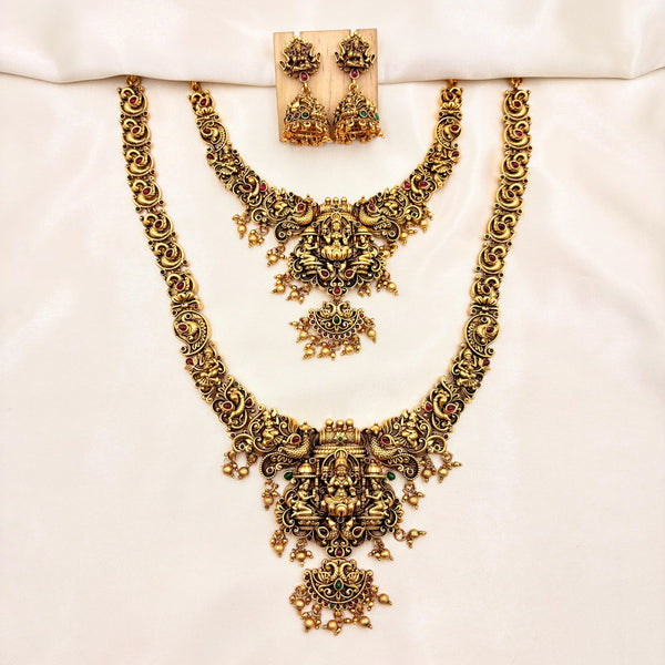 Grand Lakshmi Temple Jewellery Set – Antique Gold Bridal Choker, Long Haram & Jhumka Earrings