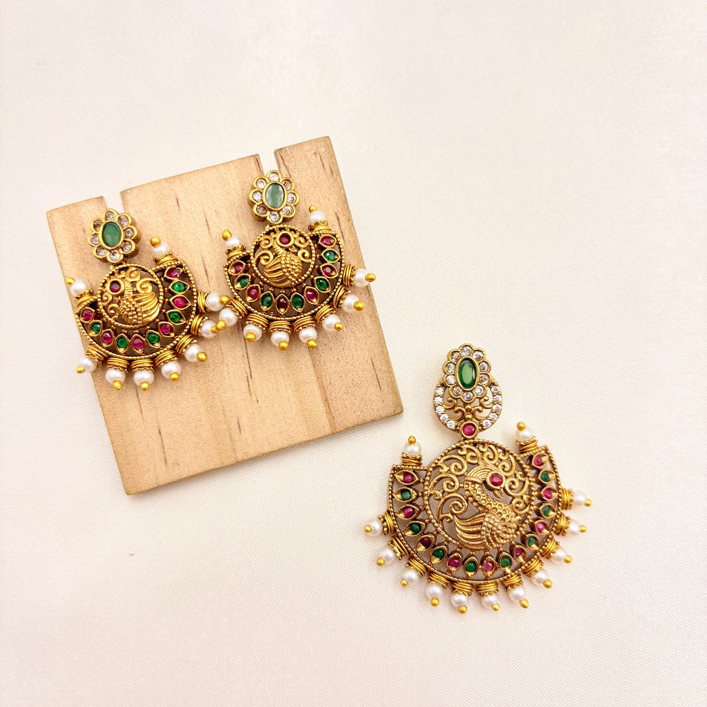 Traditional Peacock Temple Necklace Set with Kemp Stones & Pearl Drops – Antique Gold Finish
