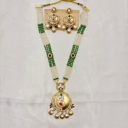 Traditional Gold Finish Pearl & Green Bead Long Necklace Set with Kundan Pendant