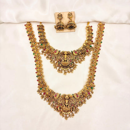 Lakshmi Temple Bridal Necklace Set – Antique Gold Long Haram with Ruby & Emerald Stones and Jhumka Earrings
