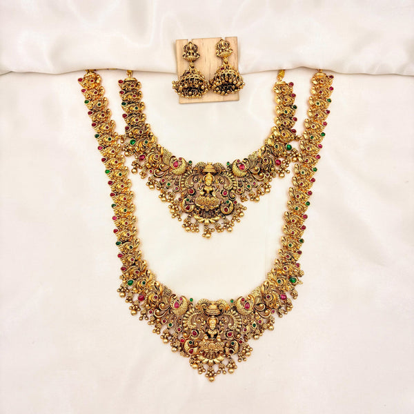 Lakshmi Temple Bridal Necklace Set – Antique Gold Long Haram with Ruby & Emerald Stones and Jhumka Earrings
