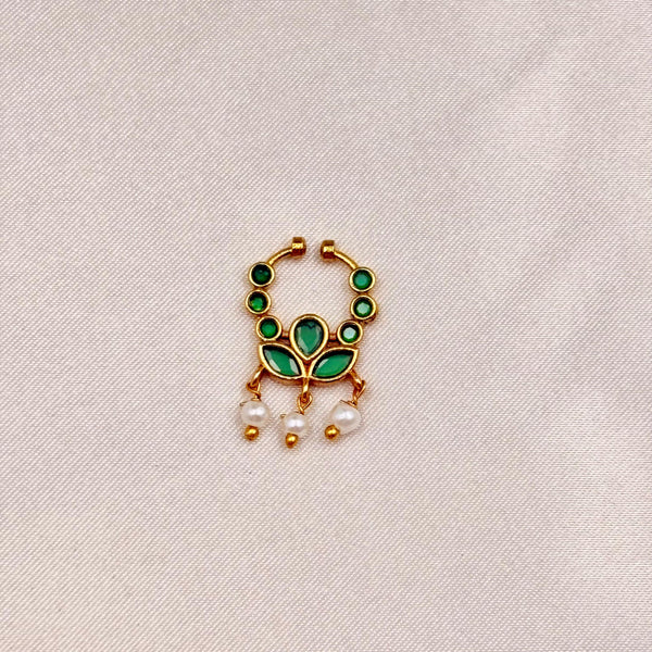 Gold Finish Traditional Nose Pin with Green Stones & Pearl Drops