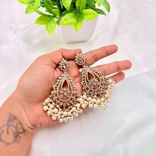 Pearl Kundan Chandelier Earrings – Antique Gold Finish