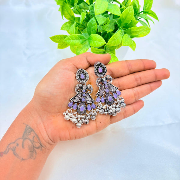 Oxidised Silver Earrings with Lavender Stone & Ghungroo Drops