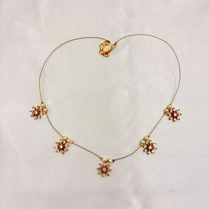 Gold Finish Minimal Floral Wire Necklace with Pearl Accents