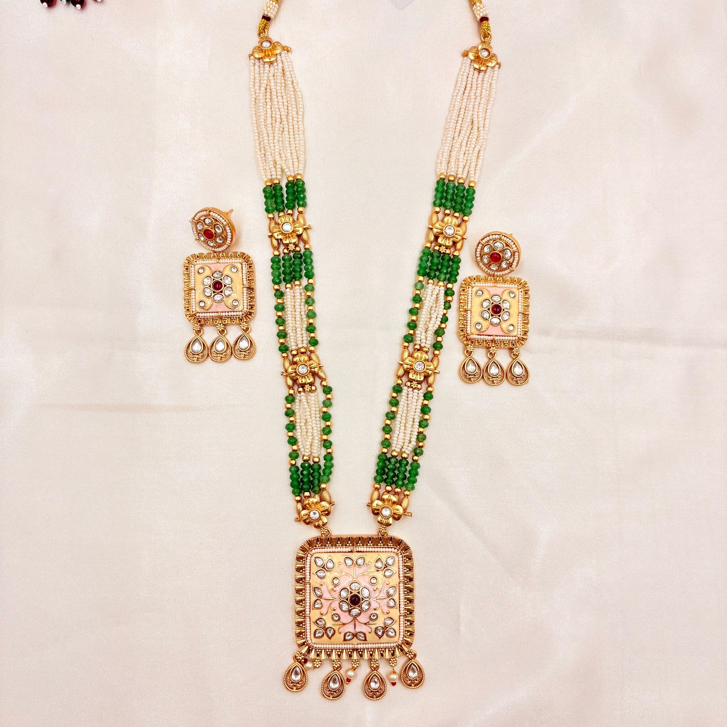 Pearl & Green Bead Long Necklace Set with Square Kundan Pendant