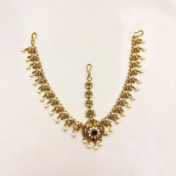 Traditional Lakshmi Bridal Vaddanam with Ruby Stones & Pearl Drops – Antique Gold Finish