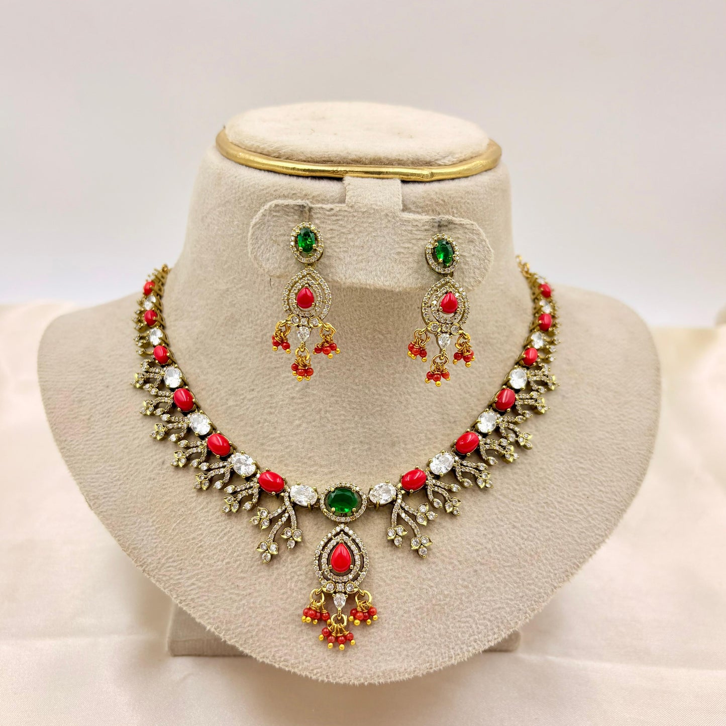 Red & Green Stone AD Necklace Set with Earrings | Sparkling Party Wear Jewellery