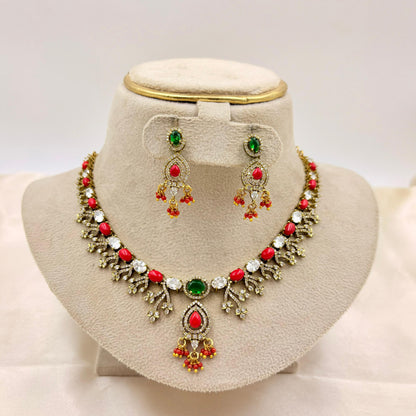 Red & Green Stone AD Necklace Set with Earrings | Sparkling Party Wear Jewellery
