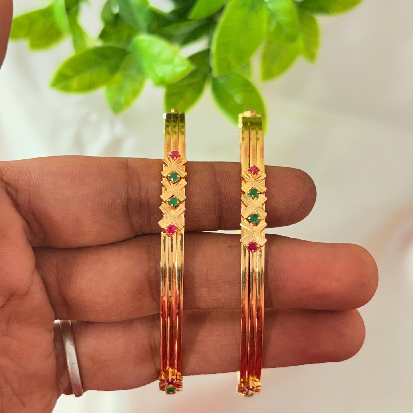Gold Finish Geometric Stone Bangles with Ruby & Green Accents – Elegant Daily Wear Bangles