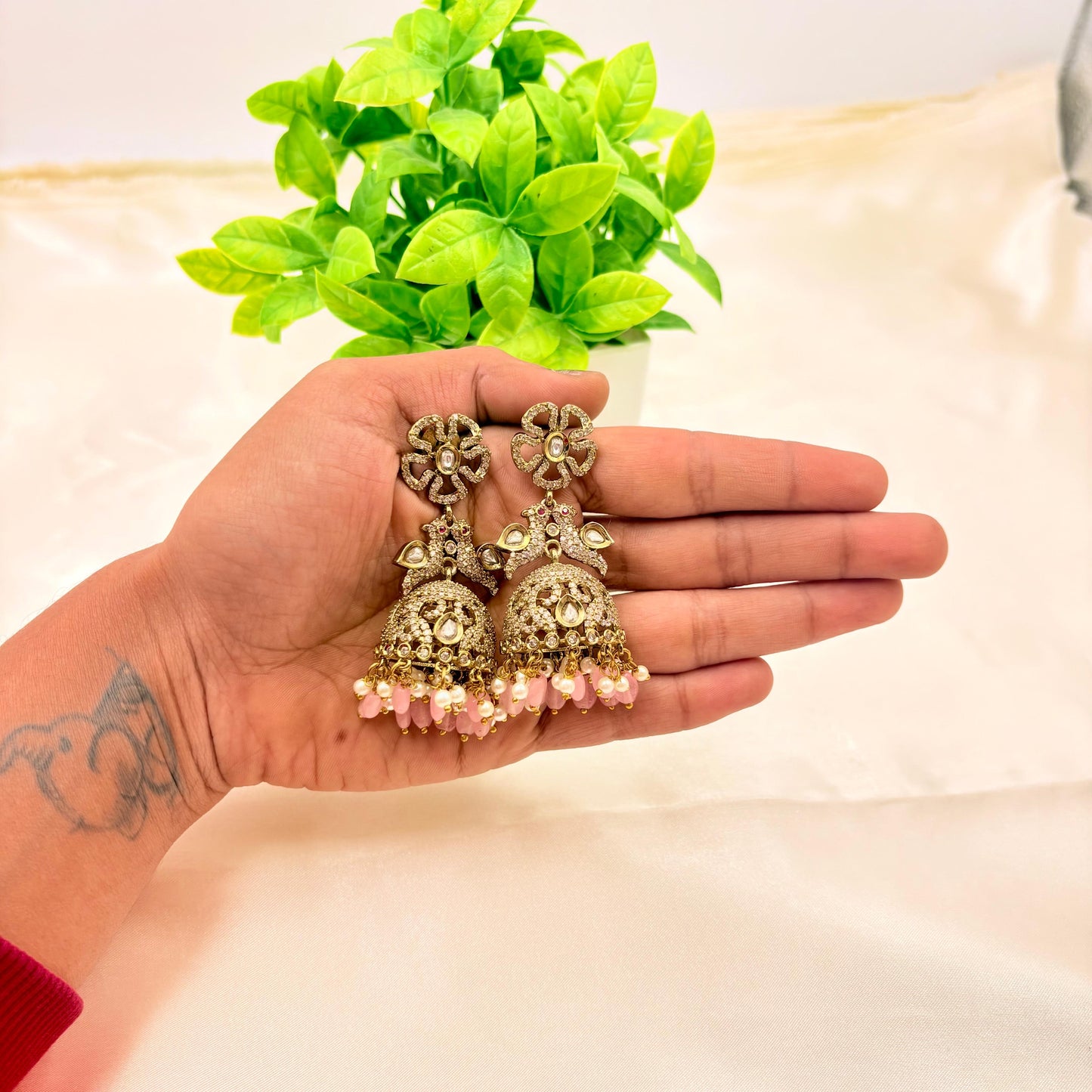 Gold Finish Kundan Pink Beads Jhumka Earrings – Bridal & Festive Wear
