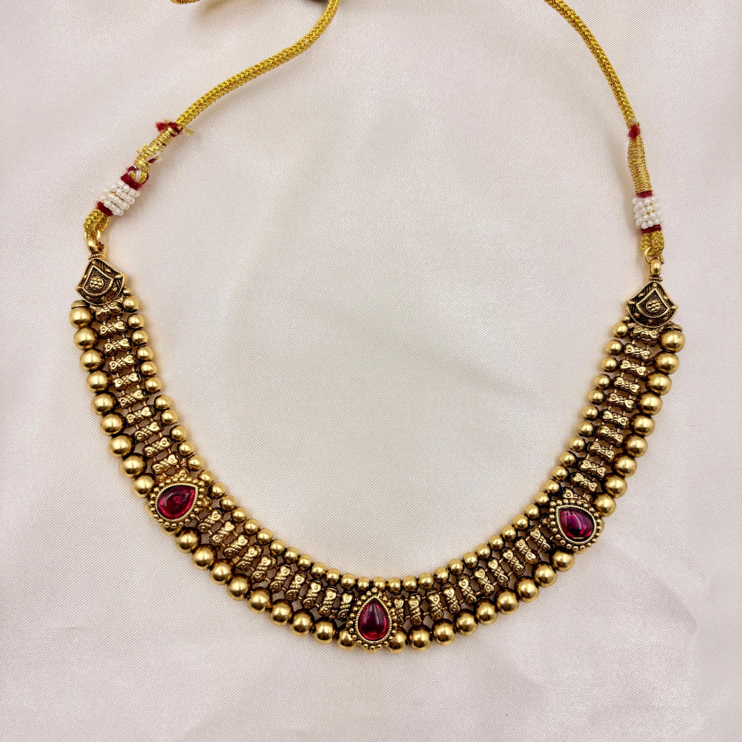 Antique Gold Ruby Stone Necklace Set with Pearl Drops | Traditional Bridal Jewellery