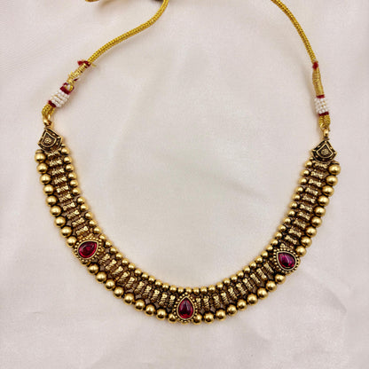 Antique Gold Ruby Stone Necklace Set with Pearl Drops | Traditional Bridal Jewellery