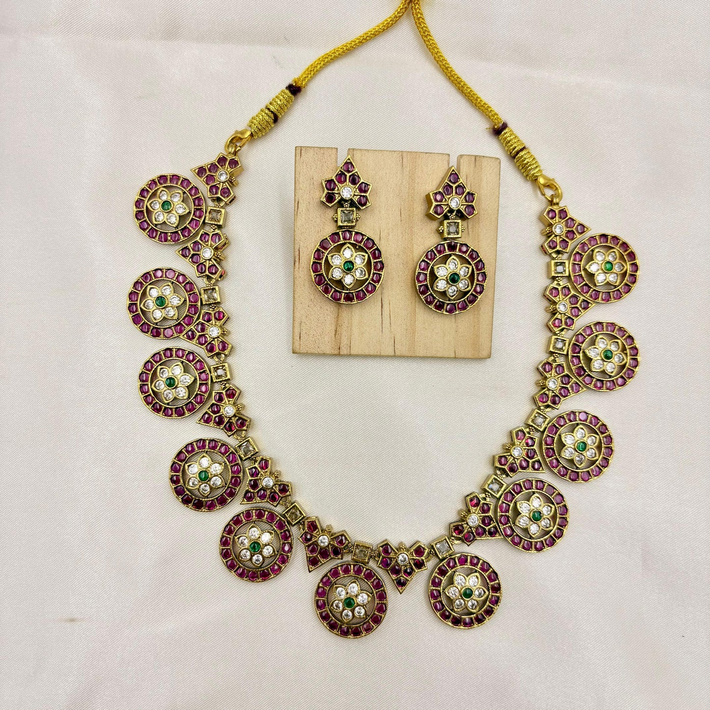 Kemp Stone Temple Necklace Set with Earrings – Ruby & Green Traditional Jewellery