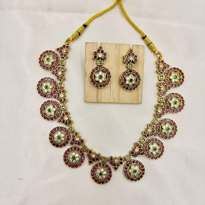 Kemp Stone Temple Necklace Set with Earrings – Ruby & Green Traditional Jewellery