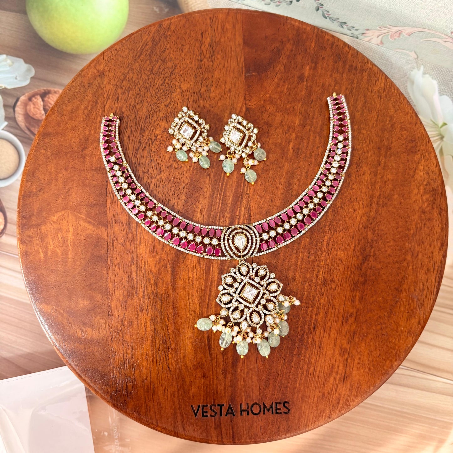 Royal Ruby AD Stone Choker Necklace Set with Statement Pendant & Green Bead Drops