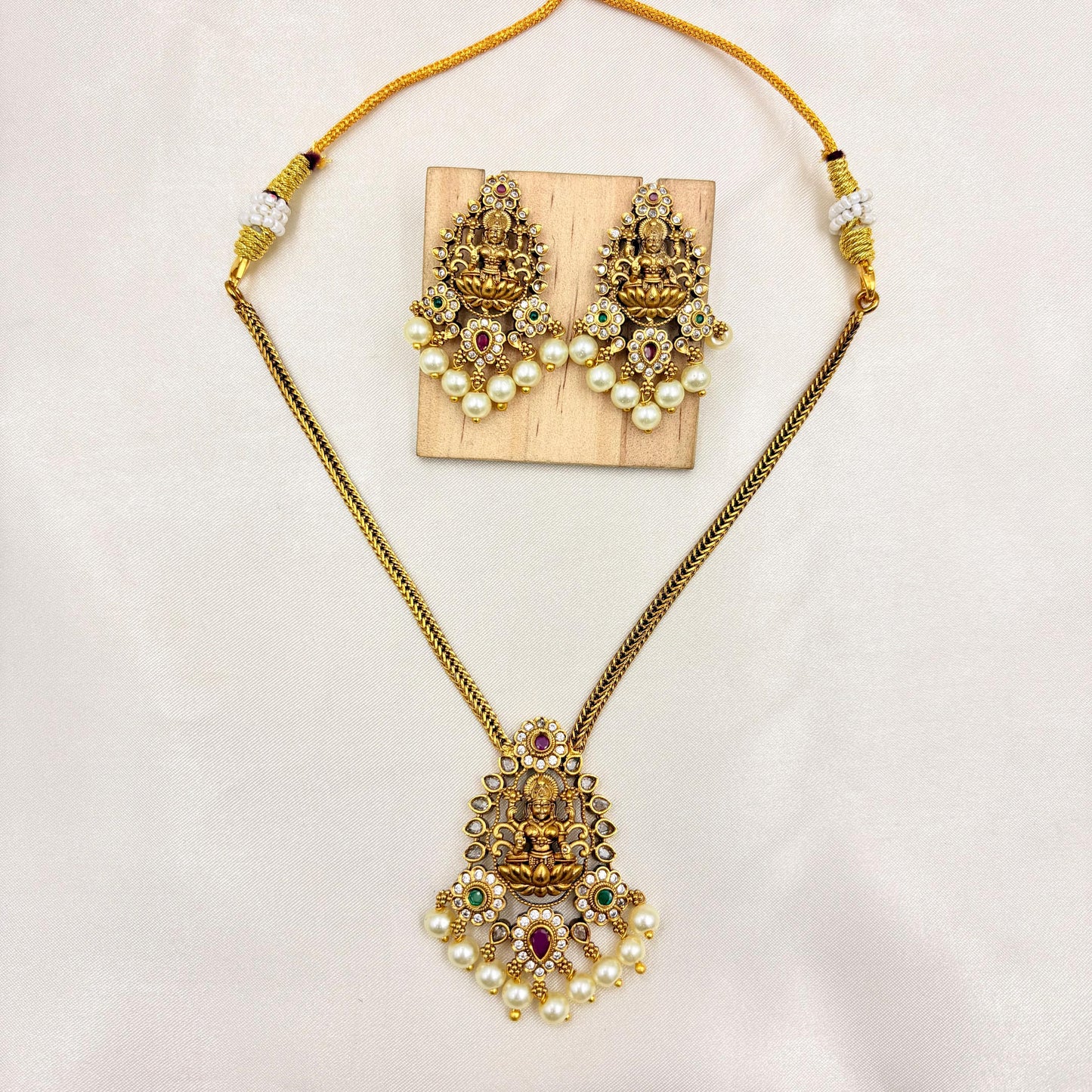 Antique Gold Lakshmi Temple Necklace Set with Pearl Drops
