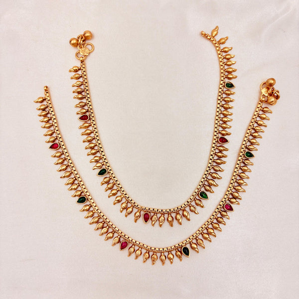 Antique Gold Multi-Stone Shell Charm Anklet Pair