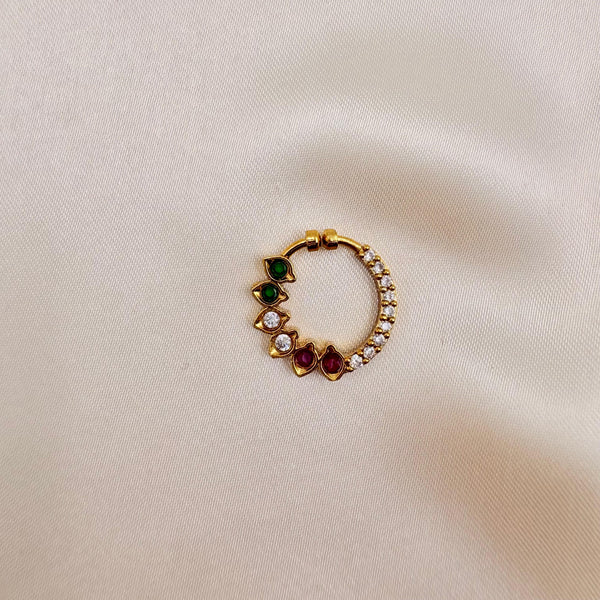Gold Finish Multicolor Stone Nose Pin | Non-Piercing Nath | Adjustable Nose Ring