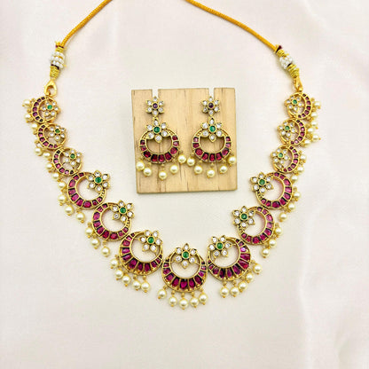 Traditional Ruby Stone Chandbali Necklace Set with Pearls – Gold Finish