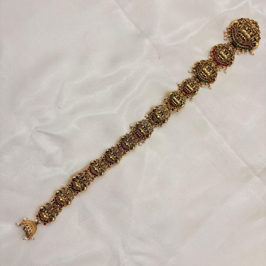 Antique Temple Jada Billa with Lakshmi & Peacock Motifs | Ruby–Green Stones | Bridal Hair Accessory