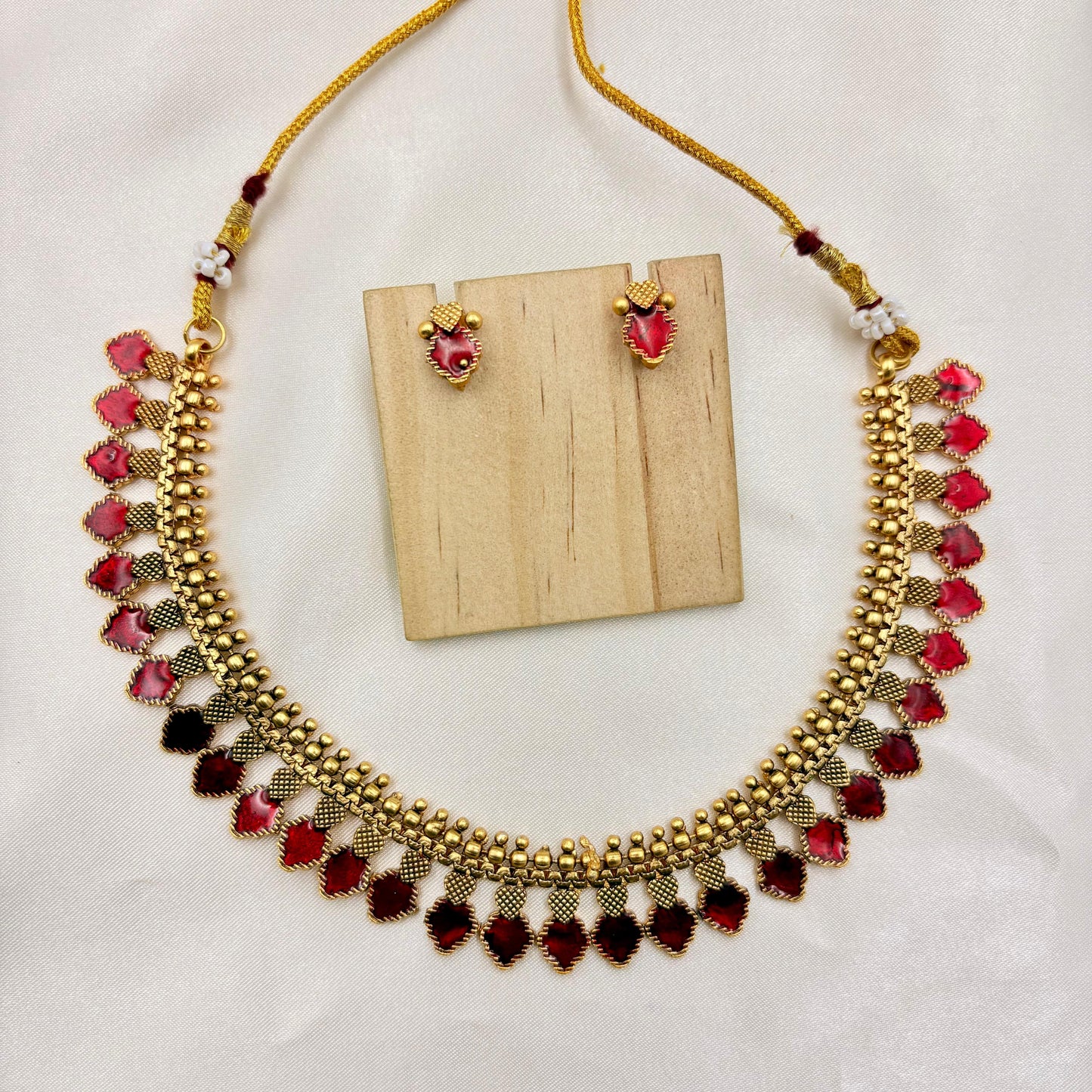Antique Pink & Red Enamel Leaf Necklace Set | Traditional Lightweight Jewellery