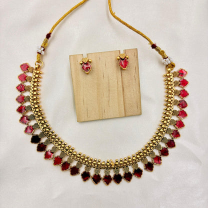 Antique Pink & Red Enamel Leaf Necklace Set | Traditional Lightweight Jewellery