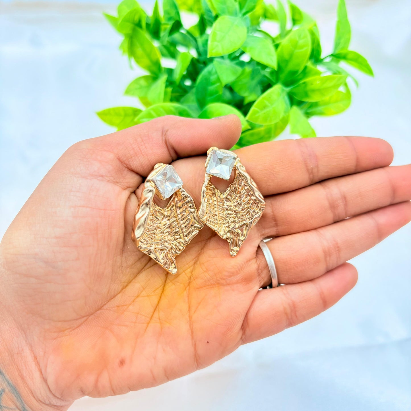 Gold Textured Leaf Earrings with Square Crystal Stud