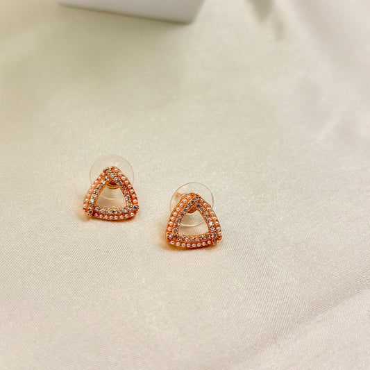 Rose Gold Triangle Pearl & Stone Stud Earrings