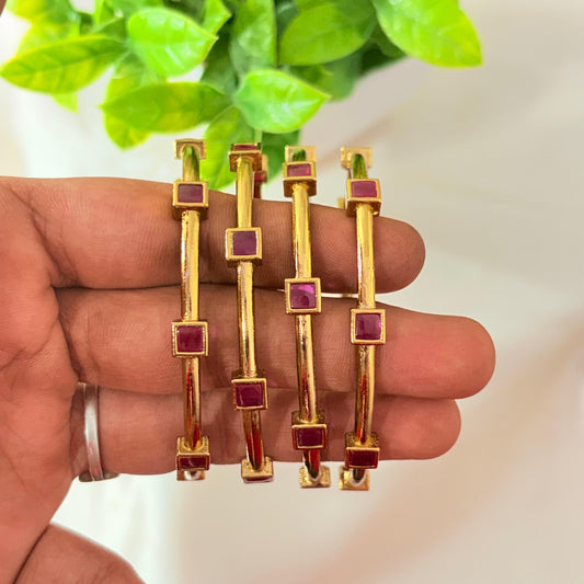 Gold-Plated Minimal Square Ruby Stone Bangles – Elegant Slim Design