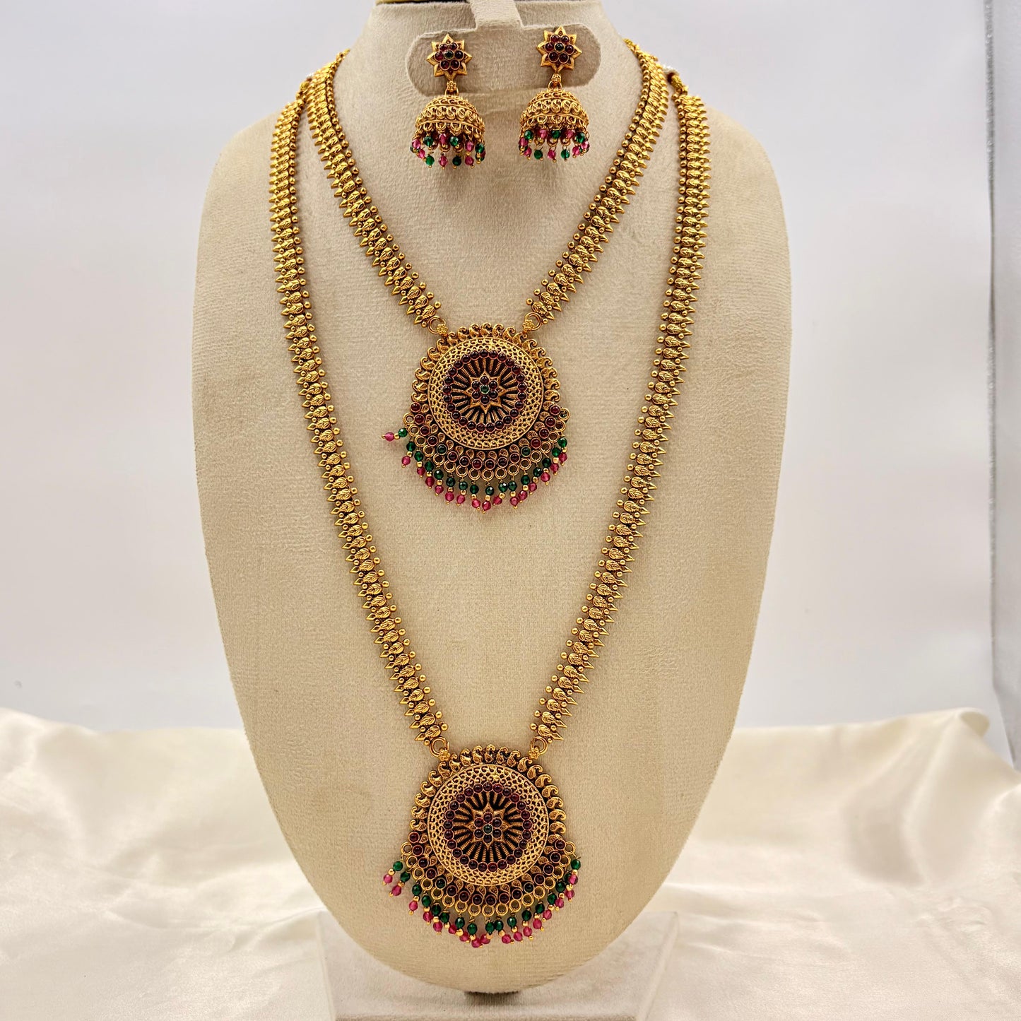 Antique Gold Dual Layer Long Haram Necklace Set with Circular Floral Pendants & Jhumka Earrings