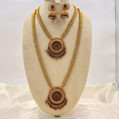 Antique Gold Dual Layer Long Haram Necklace Set with Circular Floral Pendants & Jhumka Earrings