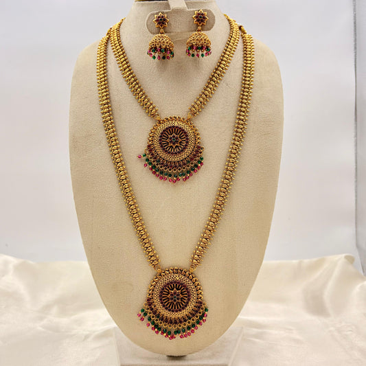 Antique Gold Dual Layer Long Haram Necklace Set with Circular Floral Pendants & Jhumka Earrings