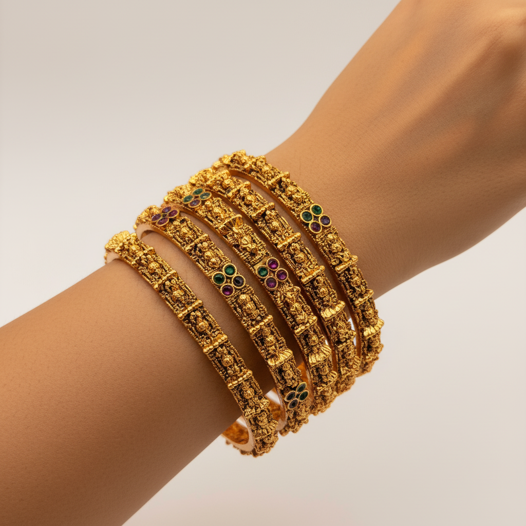 Antique Gold Temple Bangles with Ruby & Emerald Stones – Heavy South Indian Bangle Set (Set of 4)