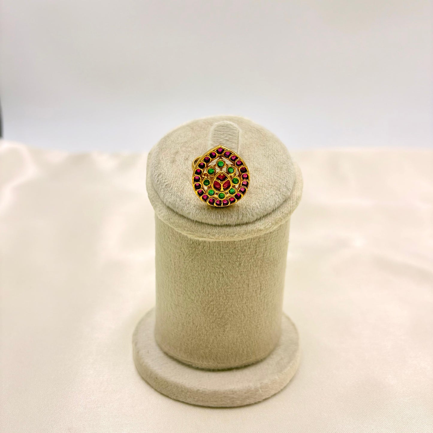 Traditional Temple Jewellery Finger Ring – Antique Gold Teardrop Ring with Ruby & Green Stones