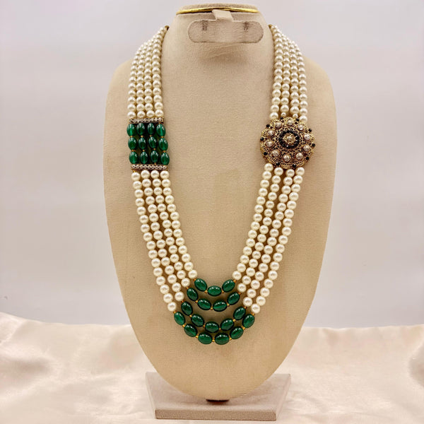Classic Pearl & Green Bead Long Necklace with Antique Stone Motif – Traditional Haaram