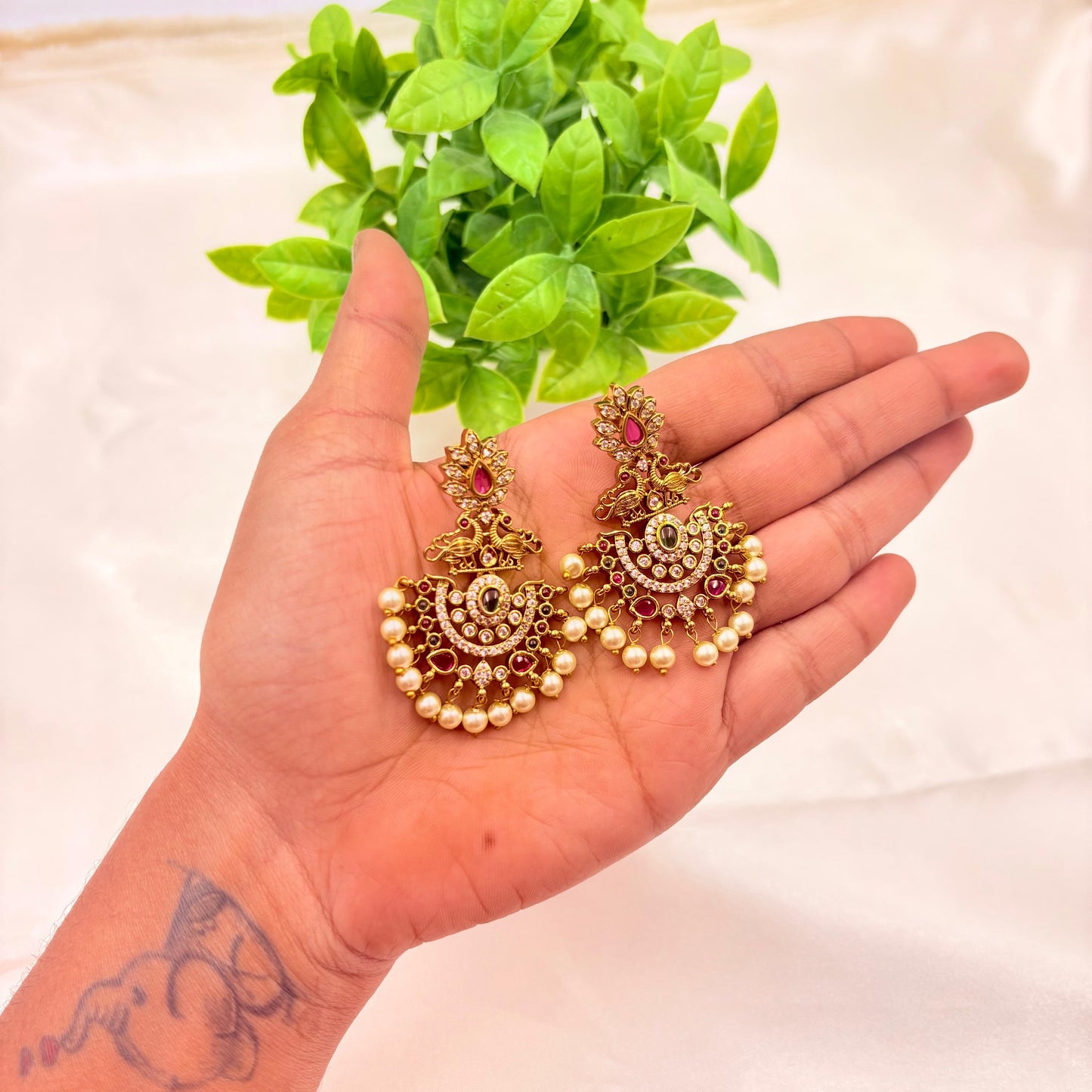 Traditional Ruby Pearl Chandbali Earrings – Gold Plated Bridal Earrings
