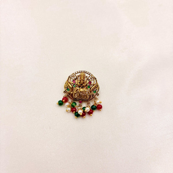 Lakshmi Temple Pendant Locket with CZ Stones & Multicolor Beads – Antique Gold Finish