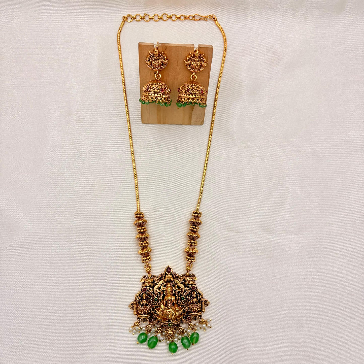 Temple Lakshmi Green Beads Necklace Set