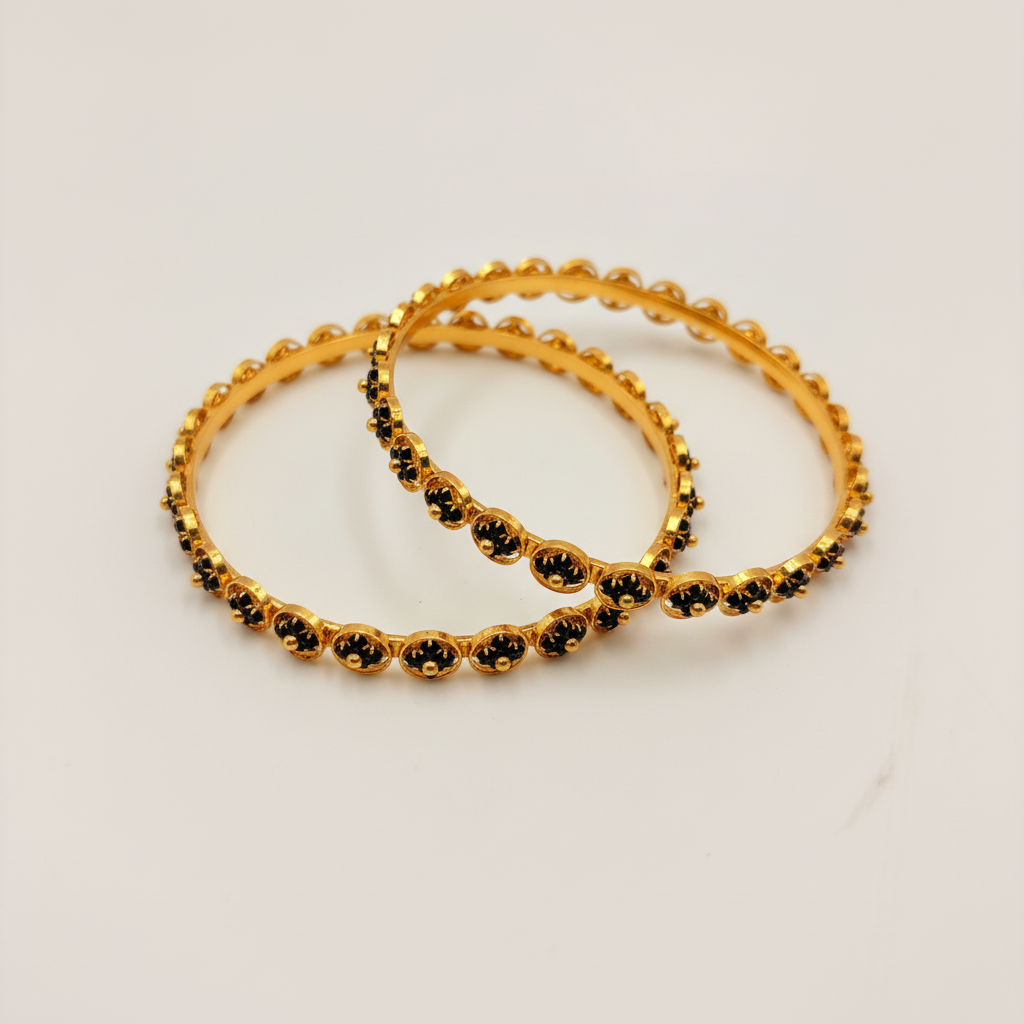 Elegant Black Stone Floral Bangles – Gold Polish Finish