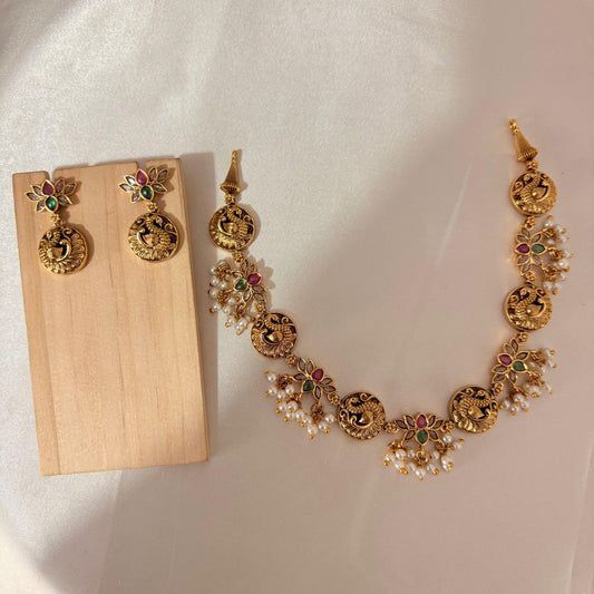 Antique Gold Peacock Floral Temple Necklace Set with Matching Earrings