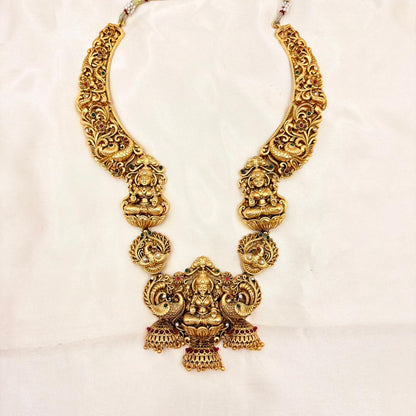 Antique Gold Finish Lakshmi Temple Necklace with Peacock Motifs