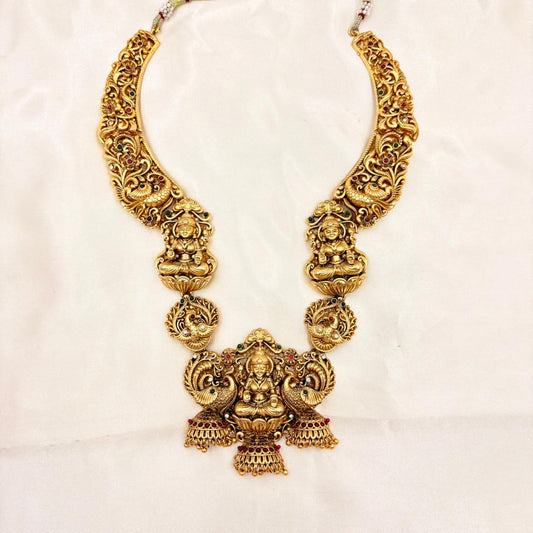 Antique Gold Finish Lakshmi Temple Necklace with Peacock Motifs